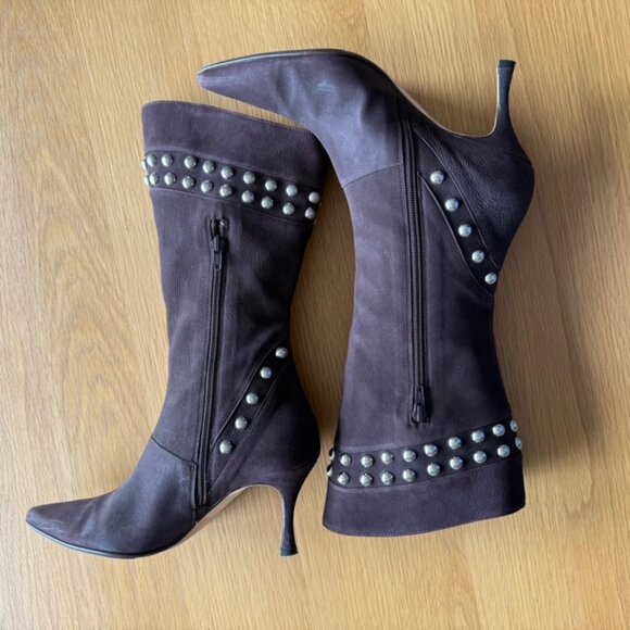 Manolo Blahnik Nenbiemi Brown Nubuck Leather Boots w/Silver Studs Size 38.5 US 8 - Picture 6 of 13